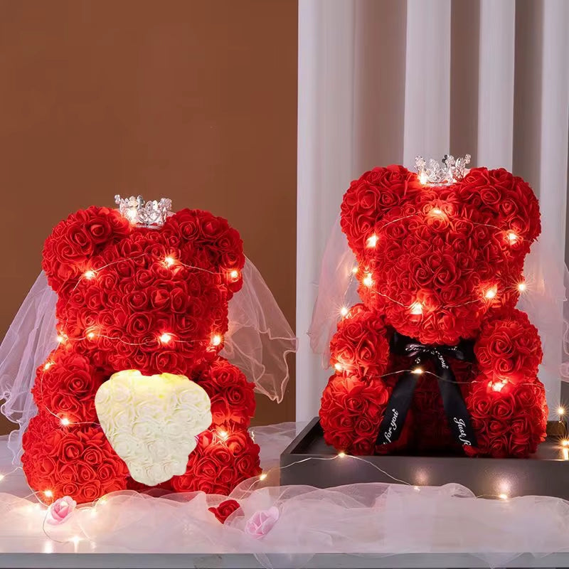 Artificial Flowers Rose Bear 25Cm Rose Bear with Crown Light Valentines Day Gift Box Girlfriend Anniversary Wedding Dedcor